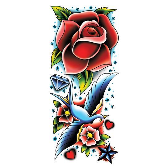 Rose and Sparrow Colorful Sleeve Design Water Transfer Temporary Tattoo(fake Tattoo) Stickers NO.12652